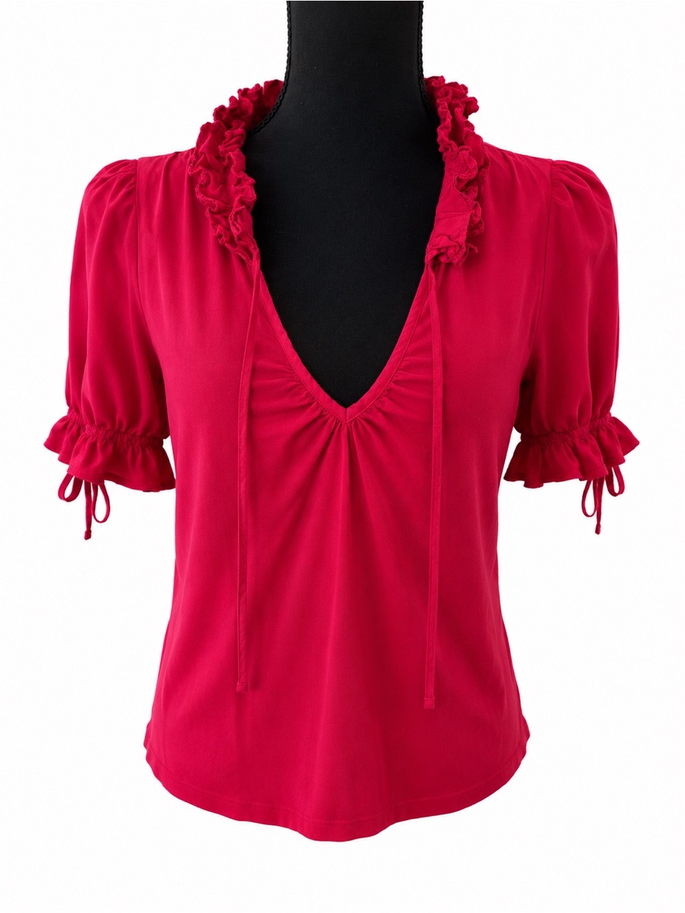 Odille Anthropologie Pink Ruffle Tie Neck Short Sleeve Blouse Size 6